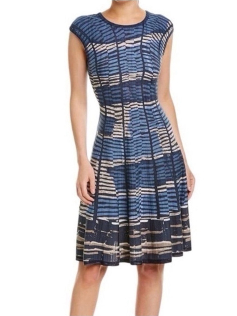 NIC+ZOE Navy Blue and Cream Striped Knit Midi Dress